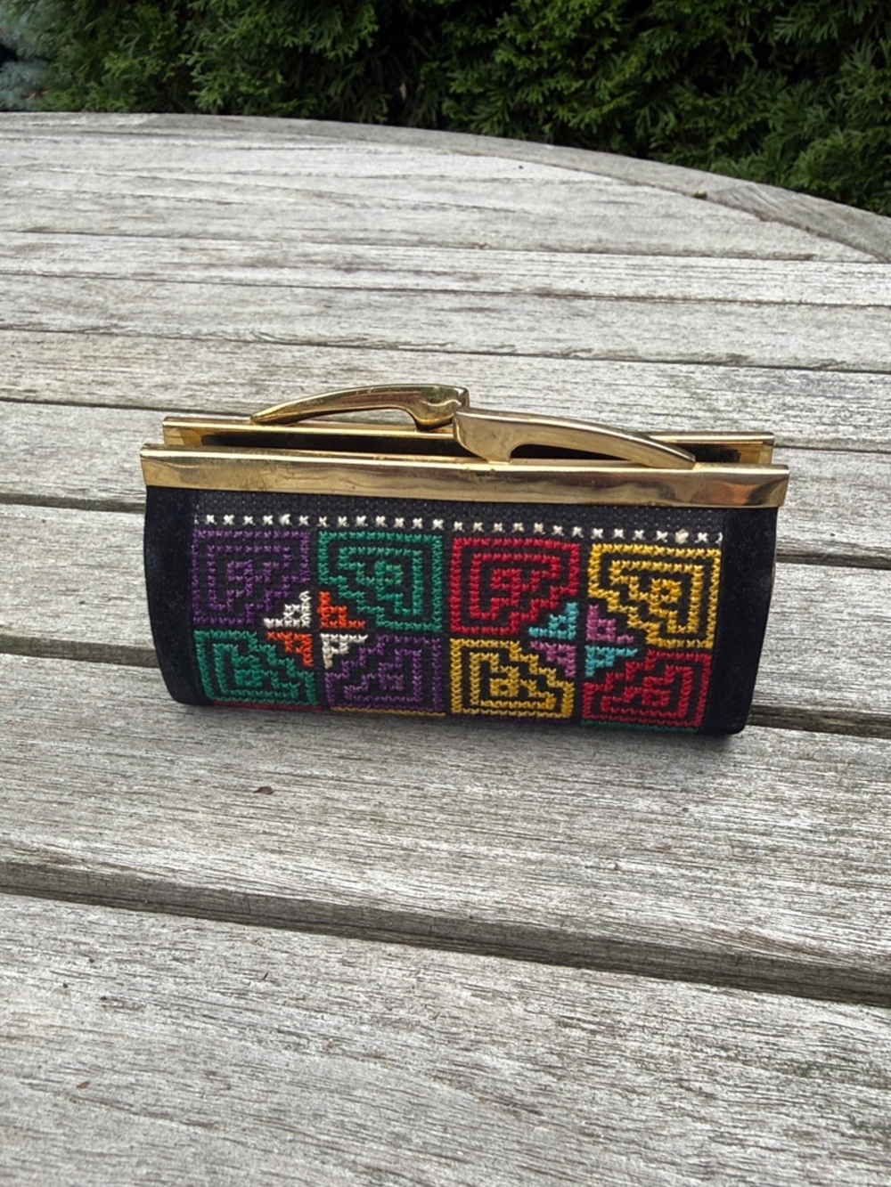 Vintage Embroidered Black coin purse Bag with Multicolor Geometric Stitching